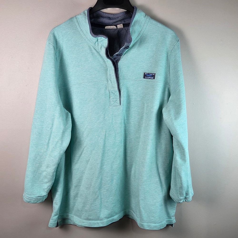 L.L. Bean Sweatshirt Women 3X Green Button Neck Cotton Pullover 504433